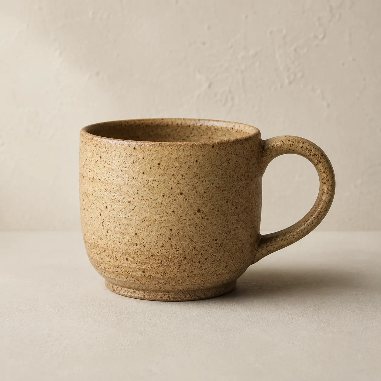 Speckled oatmeal-glazed mug with a rounded body and looped handle.
